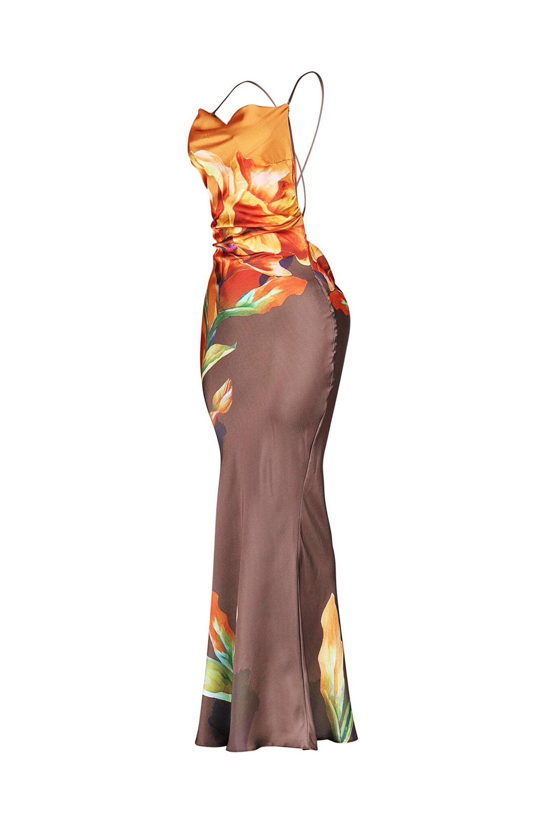 EDGE — brown floral print satin tank maxi dress, side view flat lay