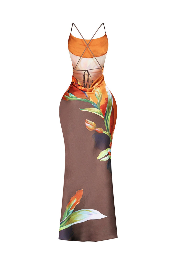 EDGE — brown floral print satin tank maxi dress, back view flat lay