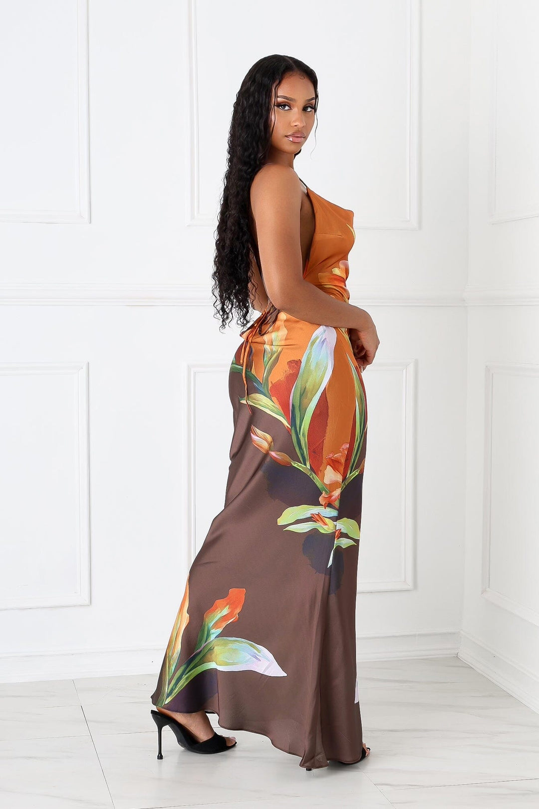 EDGE — brown floral print satin tank maxi dress, back view on model