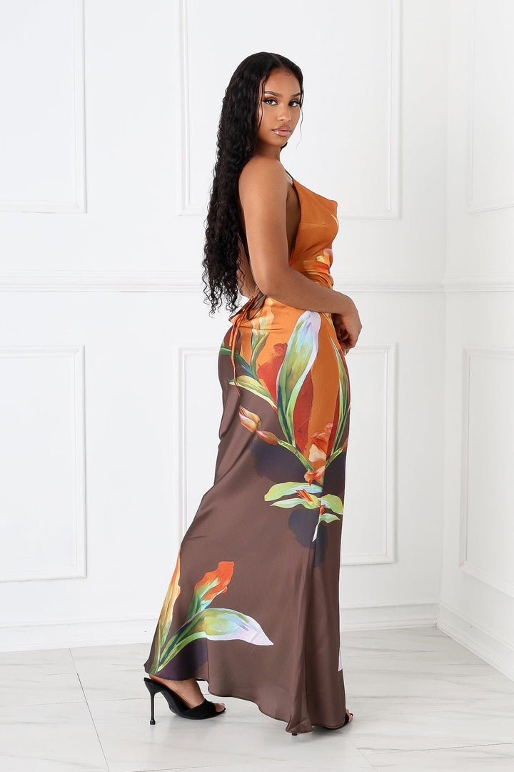 EDGE — brown floral print satin tank maxi dress, back view on model