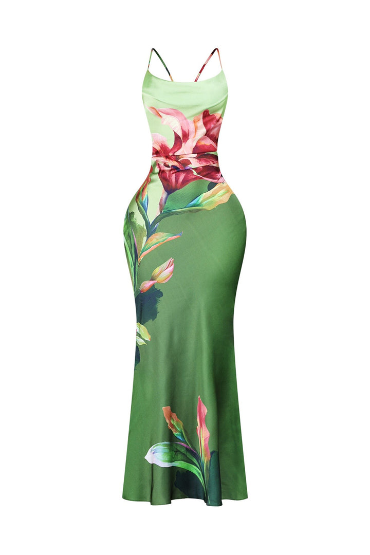EDGE — olive floral print satin tank maxi dress, front view flat lay