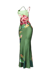 EDGE — olive floral print satin tank maxi dress, side view flat lay