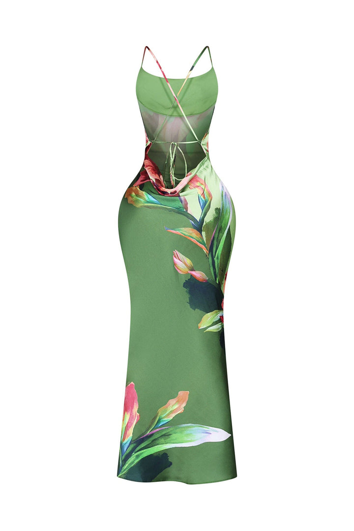 EDGE — olive floral print satin tank maxi dress, back view flat lay