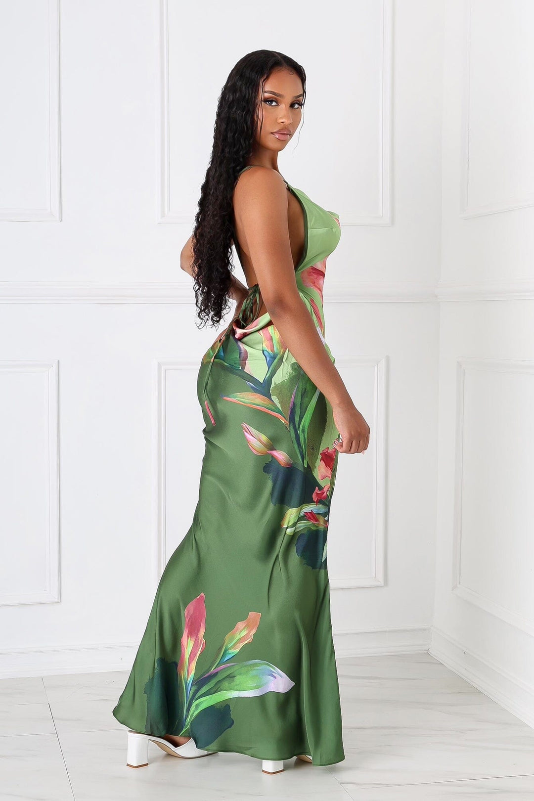 EDGE — olive floral print satin tank maxi dress, back view on model