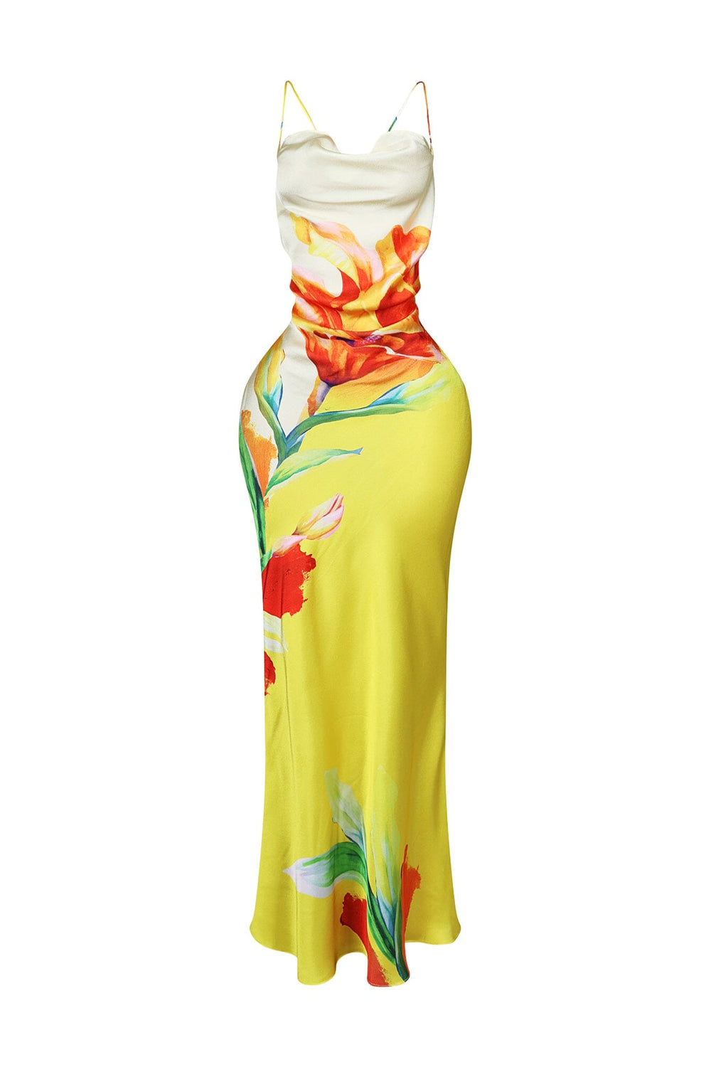 EDGE — yellow floral print satin tank maxi dress, front view flat lay