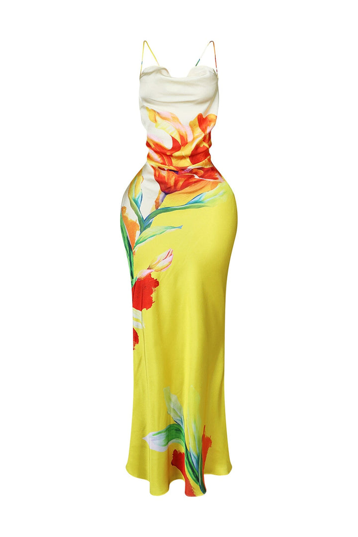 EDGE — yellow floral print satin tank maxi dress, front view flat lay