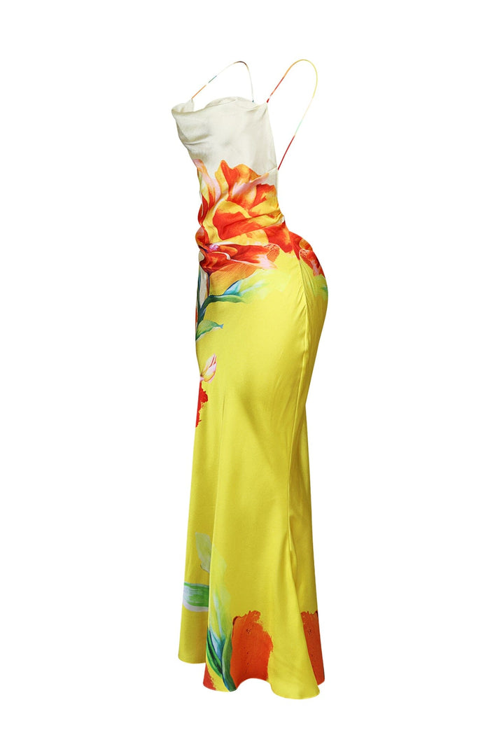 EDGE — yellow floral print satin tank maxi dress, side view flat lay
