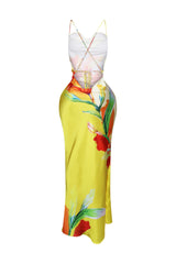 EDGE — yellow floral print satin tank maxi dress, back view flat lay