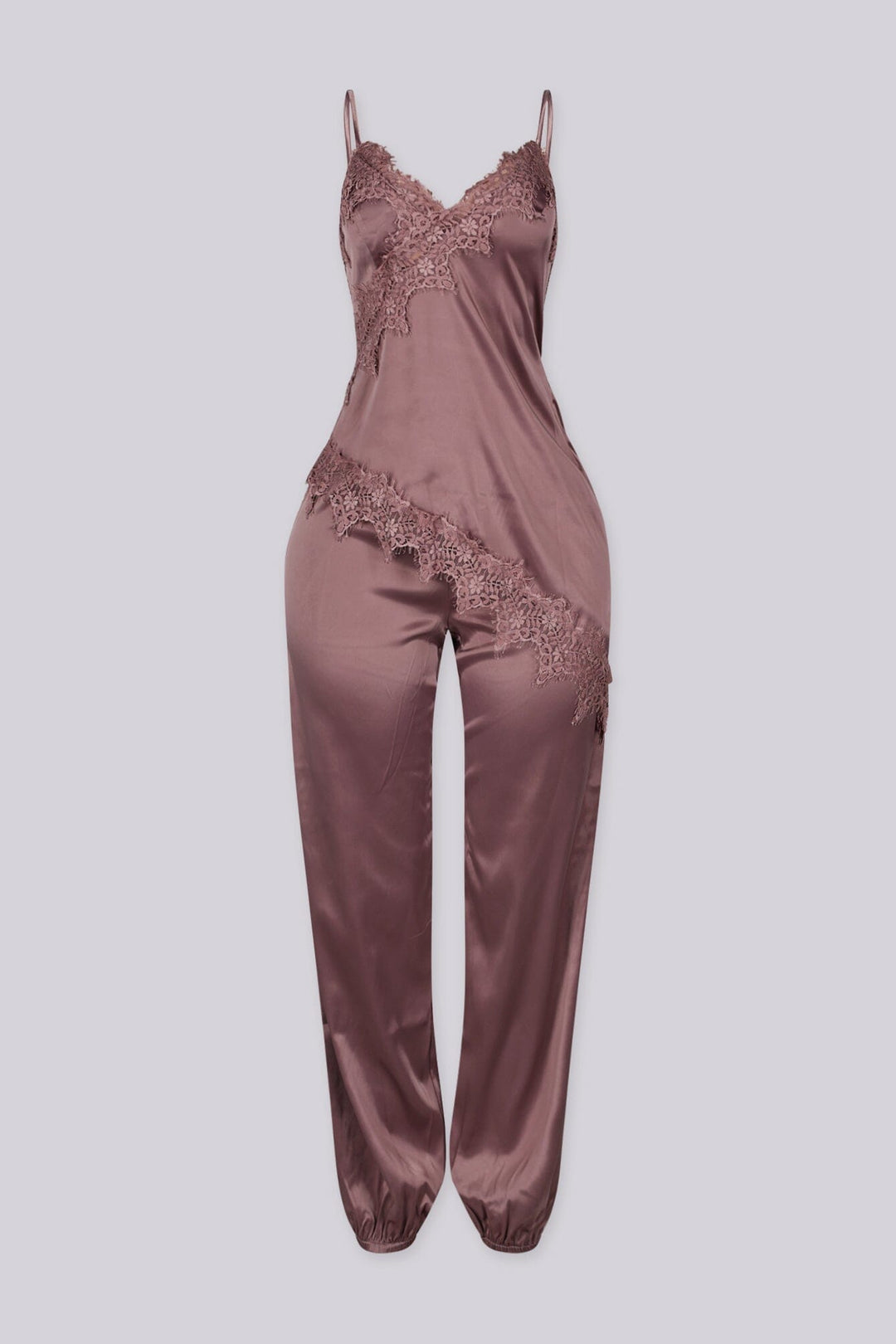 Satin lingerie inspired jumpsuit with thin straps featuring lace trimmed neckline and bodice