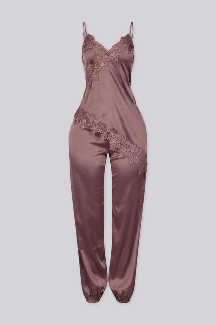 Satin lingerie inspired jumpsuit with thin straps featuring lace trimmed neckline and bodice