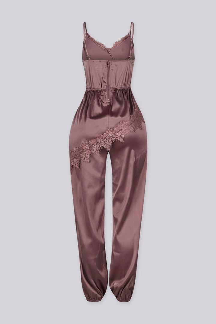 Satin lingerie inspired jumpsuit with thin straps featuring lace trimmed neckline and bodice