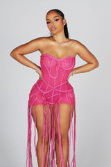 Sheer stretch mesh romper with thin clear straps featuring fitted bodice with vertical rib texture throughout