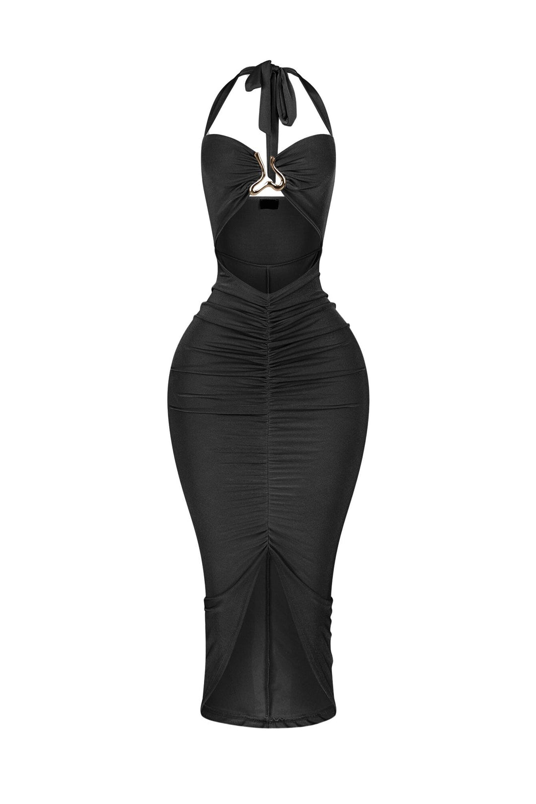 Ruched bodycon halter midi dress featuring abstract metal hardware accent bridging the bust with front cutout detail