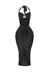 Ruched bodycon halter midi dress featuring abstract metal hardware accent bridging the bust with front cutout detail