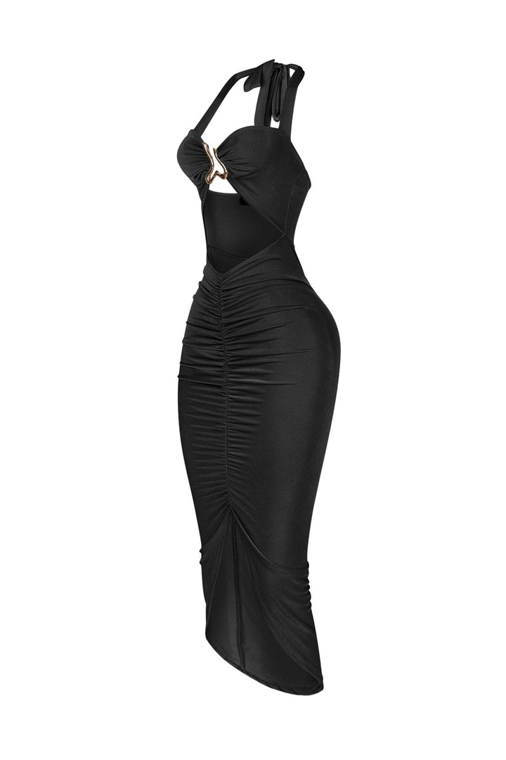 Ruched bodycon halter midi dress featuring abstract metal hardware accent bridging the bust with front cutout detail
