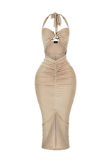 Ruched bodycon halter midi dress featuring abstract metal hardware accent bridging the bust with front cutout detail