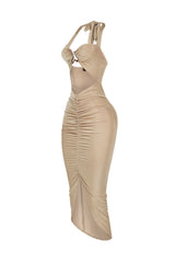Ruched bodycon halter midi dress featuring abstract metal hardware accent bridging the bust with front cutout detail