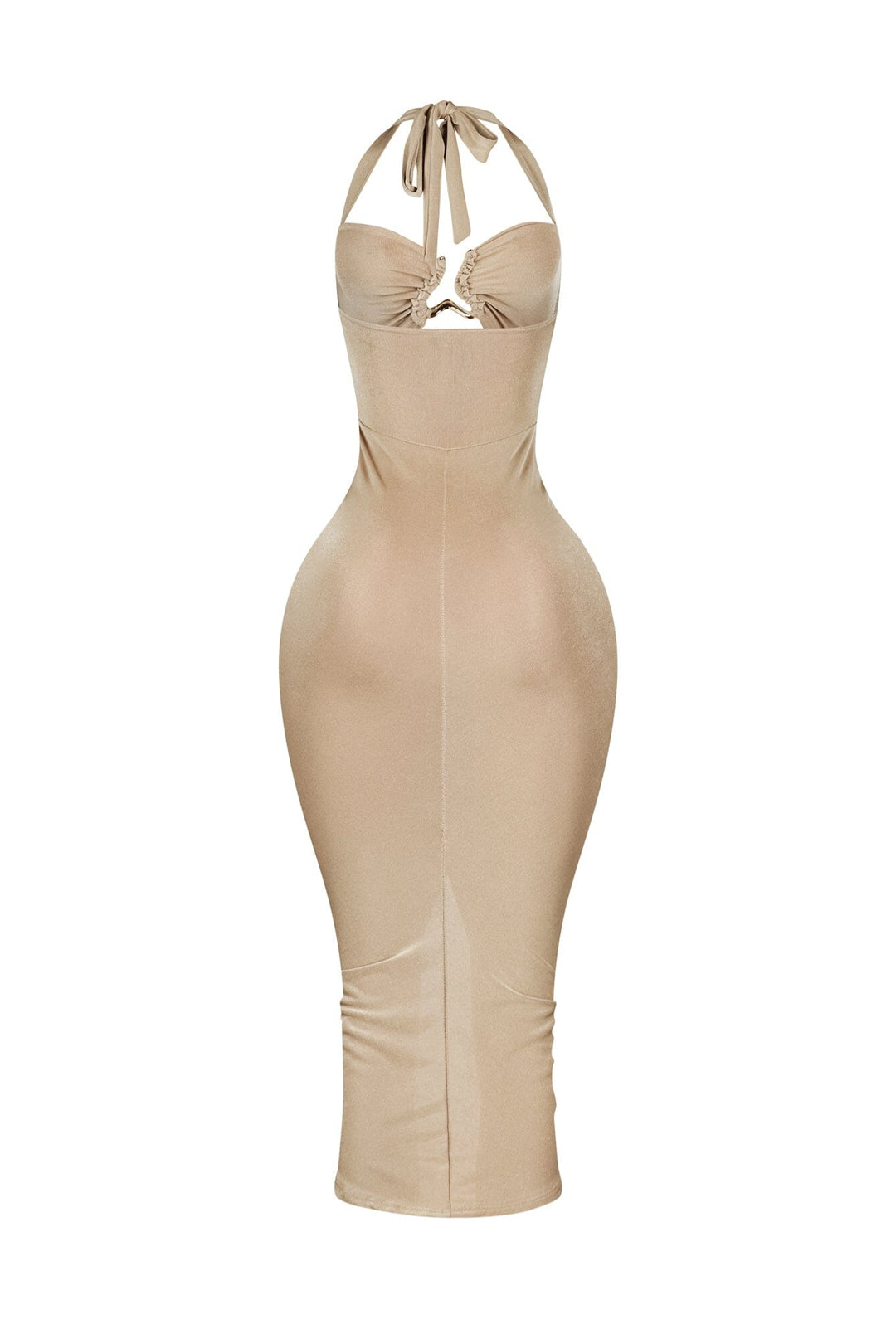 Ruched bodycon halter midi dress featuring abstract metal hardware accent bridging the bust with front cutout detail