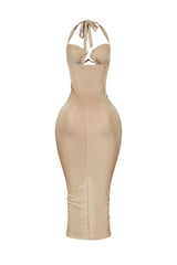 Ruched bodycon halter midi dress featuring abstract metal hardware accent bridging the bust with front cutout detail