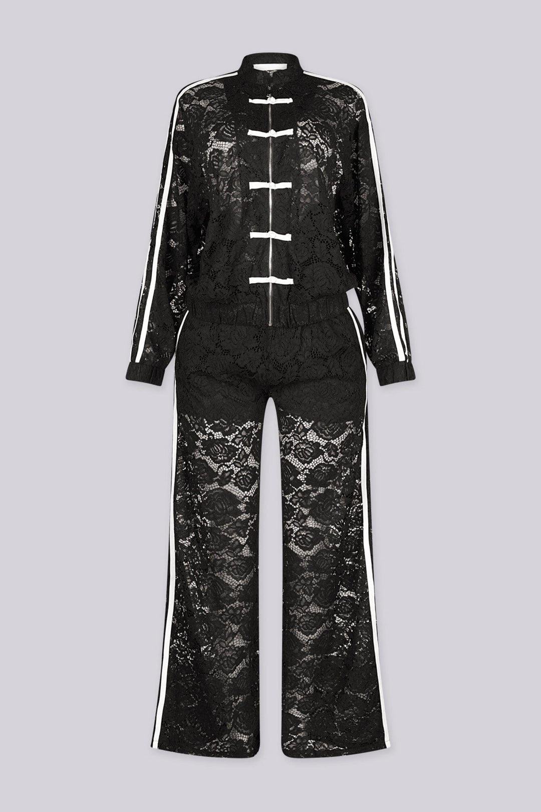 Sheer floral lace jacket with mandarin collar featuring full zip closure and frog knot button detailing at center front
