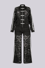 Sheer floral lace jacket with mandarin collar featuring full zip closure and frog knot button detailing at center front