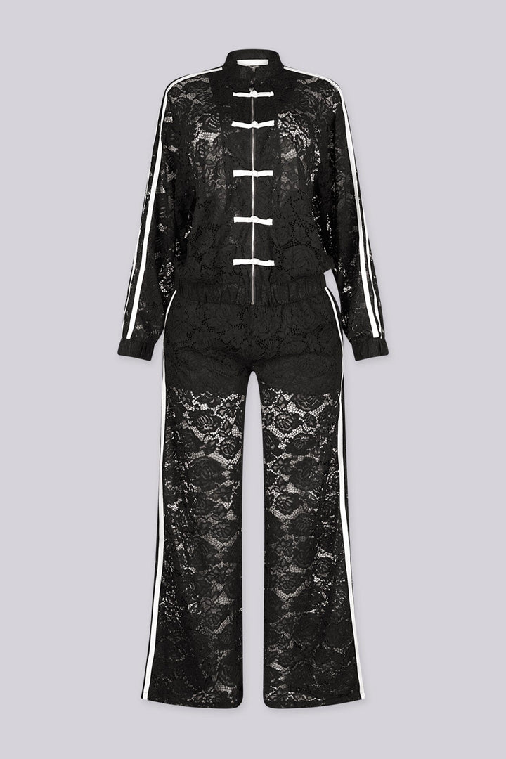 Sheer floral lace jacket with mandarin collar featuring full zip closure and frog knot button detailing at center front