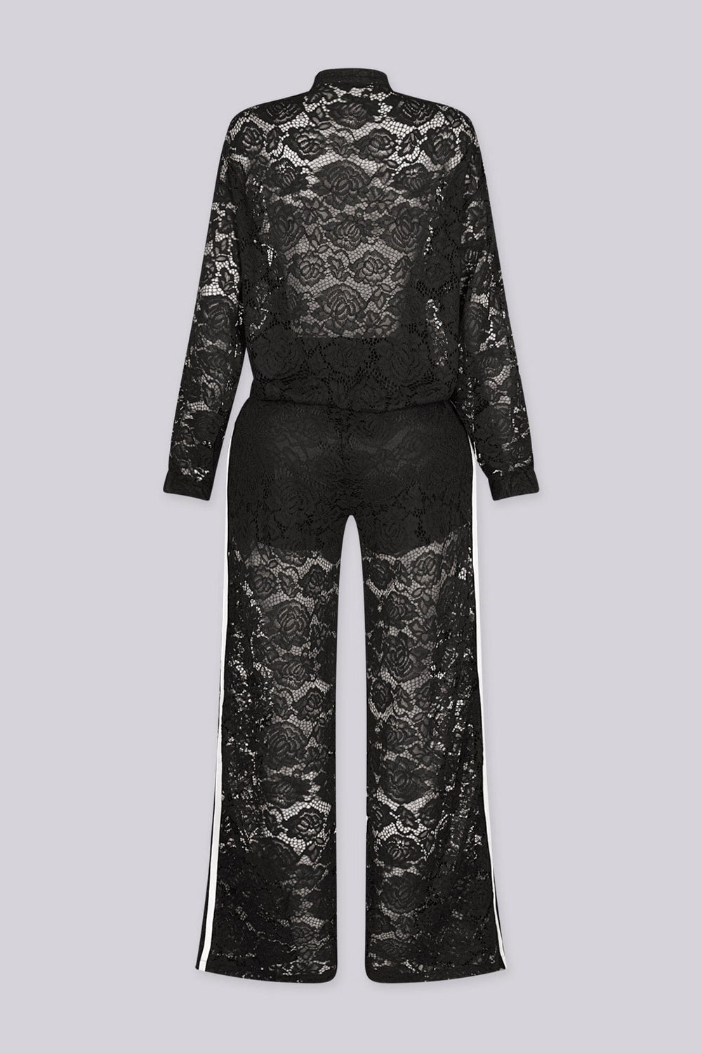 Sheer floral lace jacket with mandarin collar featuring full zip closure and frog knot button detailing at center front