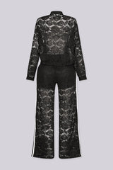 Sheer floral lace jacket with mandarin collar featuring full zip closure and frog knot button detailing at center front