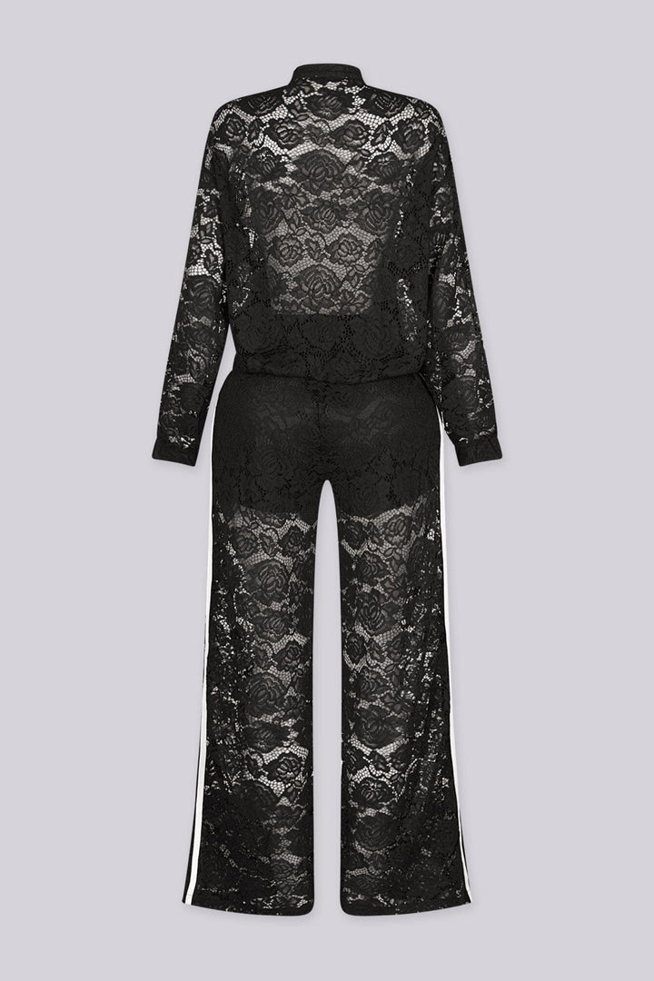 Sheer floral lace jacket with mandarin collar featuring full zip closure and frog knot button detailing at center front