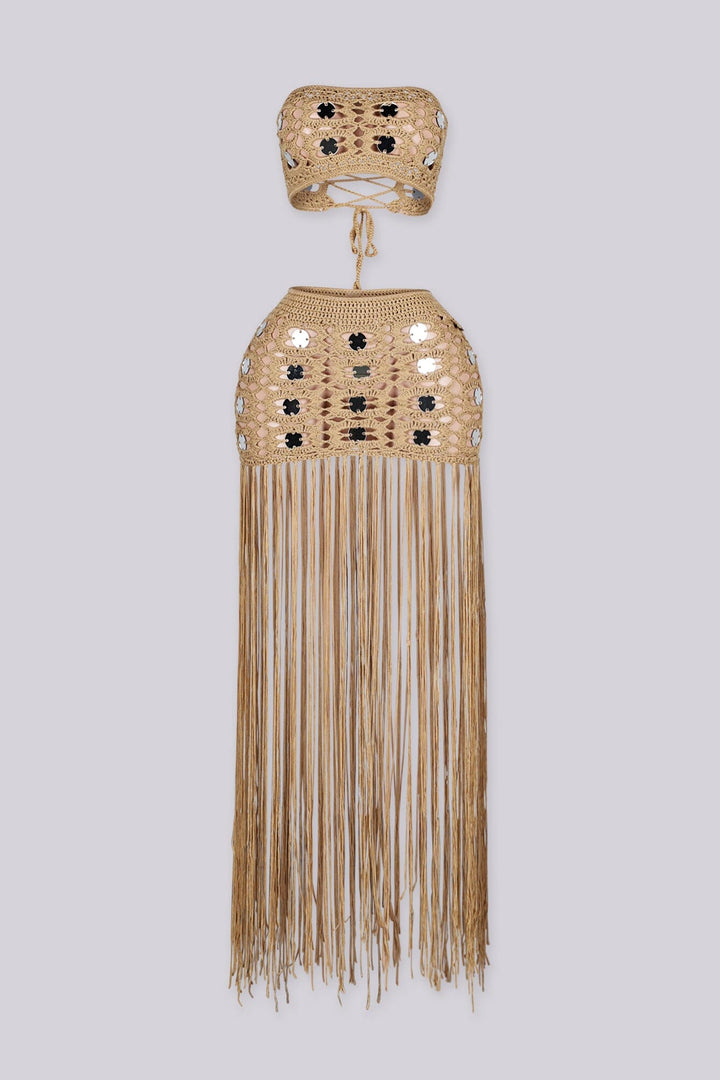 EDGEBYKS - Crochet knit tube top with adjustable tie closure at back, Matching fringe skirt with slip on closure, front view