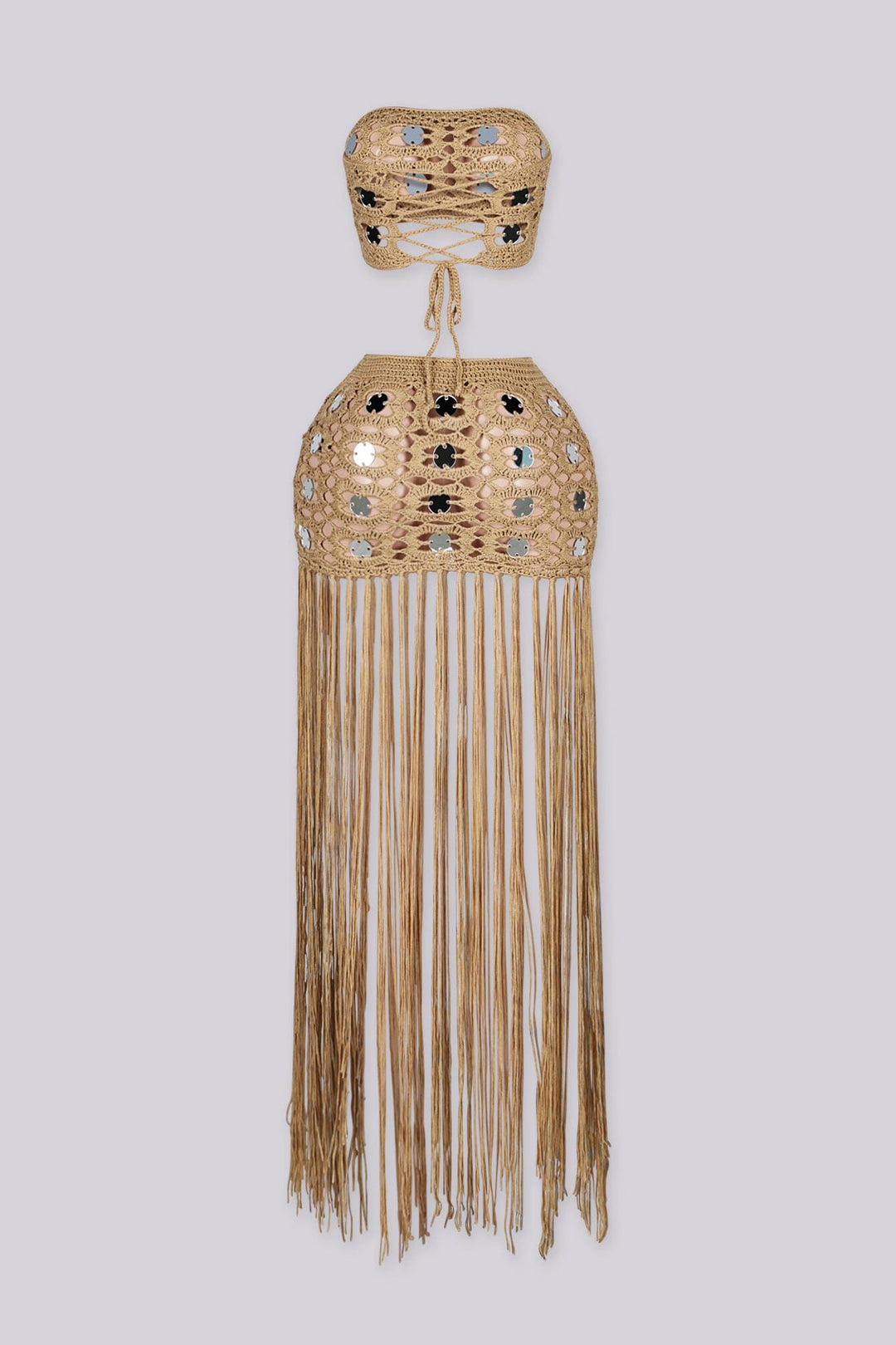 EDGEBYKS - Crochet knit tube top with adjustable tie closure at back, Matching fringe skirt with slip on closure