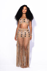 EDGEBYKS - Crochet knit tube top with adjustable tie closure at back, Matching fringe skirt with slip on closure