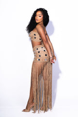 EDGEBYKS - Crochet knit tube top with adjustable tie closure at back, Matching fringe skirt with slip on closure