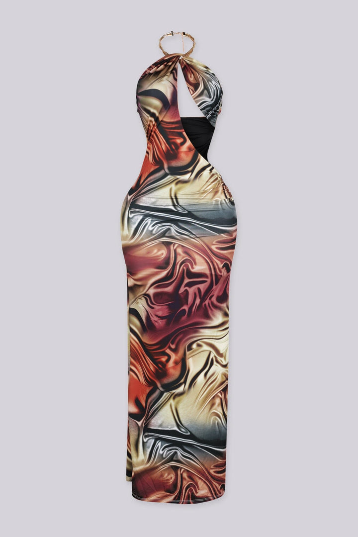 Fluid marbled print maxi dress featuring gold necklace hardware halter neckline
