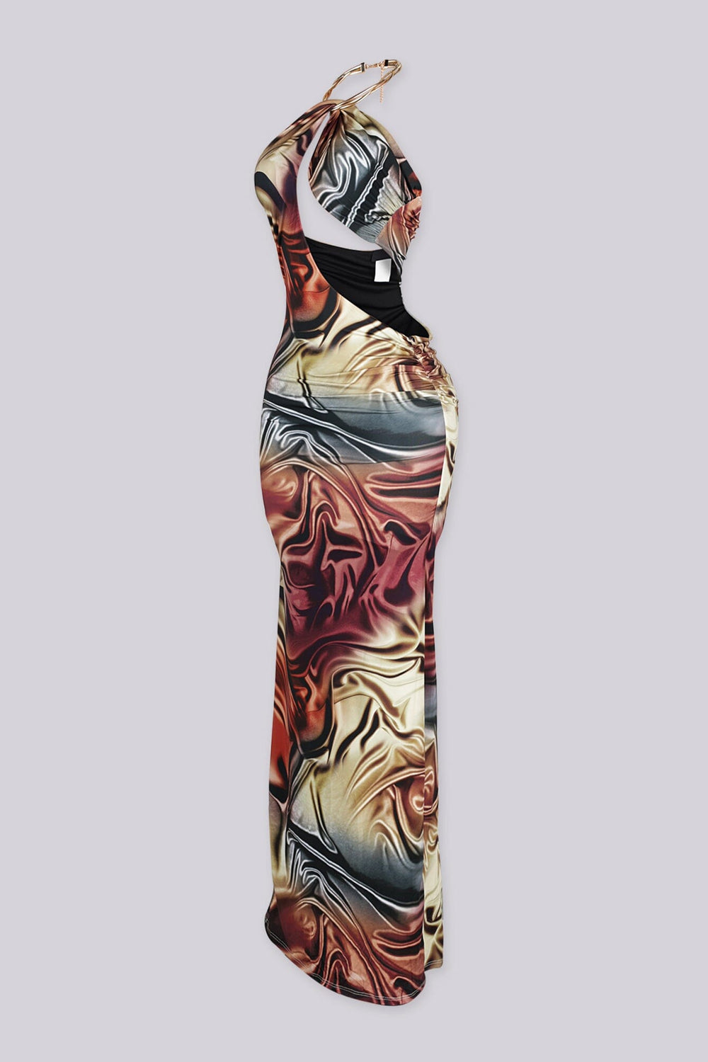 Fluid marbled print maxi dress featuring gold necklace hardware halter neckline