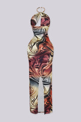 Fluid marbled print maxi dress featuring gold necklace hardware halter neckline