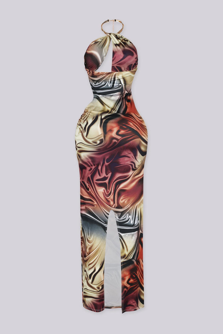 Fluid marbled print maxi dress featuring gold necklace hardware halter neckline