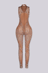 Sleeveless sheer mesh bodycon jumpsuit with an allover crystal rhinestone detailing