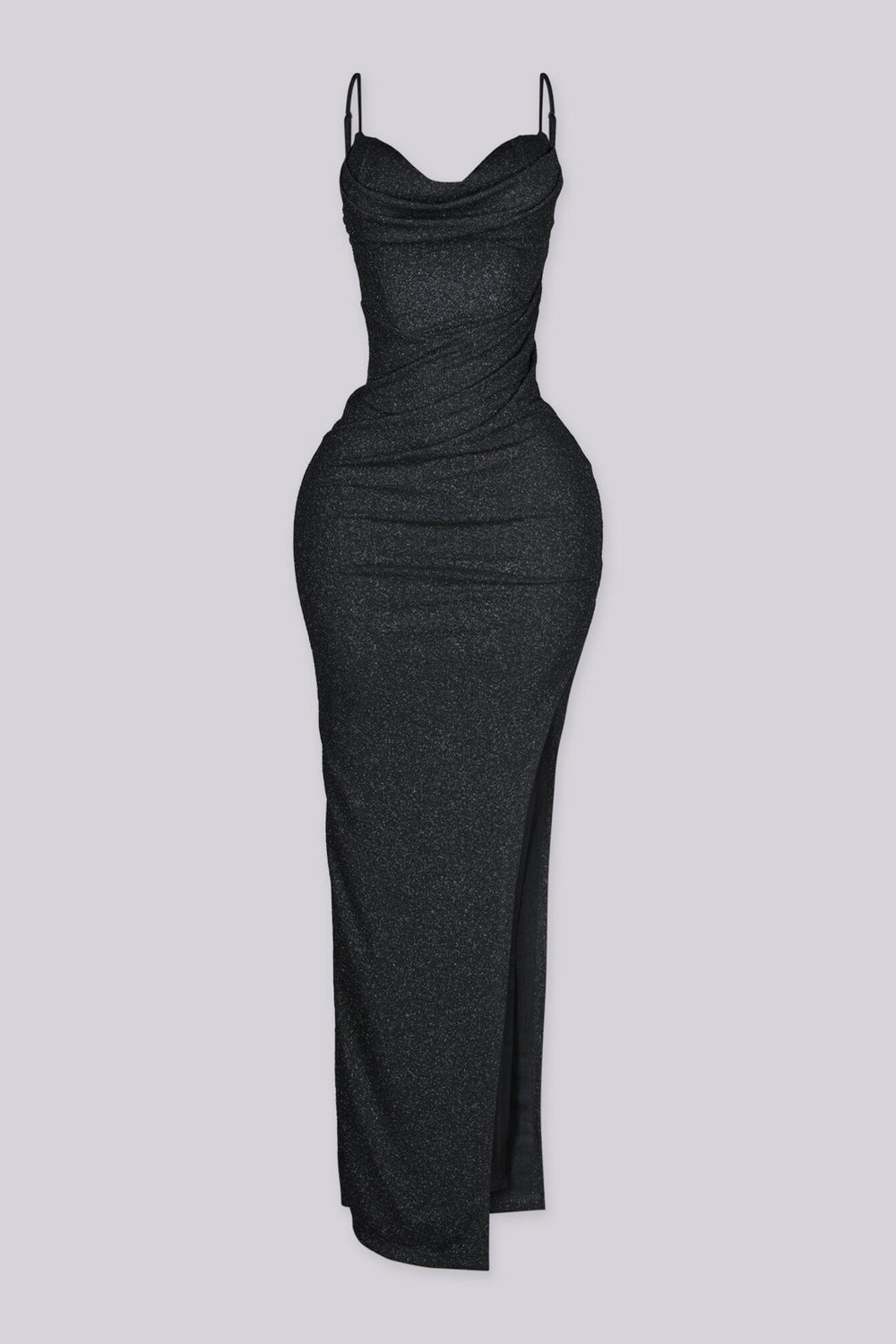 Fitted maxi dress with cowl neckline, adjustable thin straps featuring high side slit in shimmer glitter fabric
