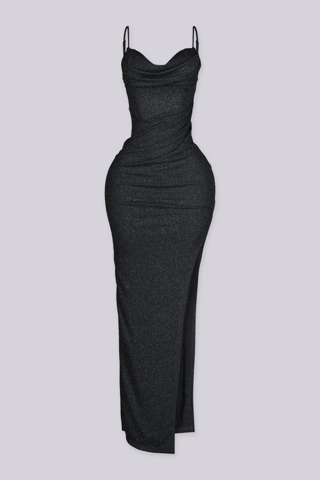 Fitted maxi dress with cowl neckline, adjustable thin straps featuring high side slit in shimmer glitter fabric