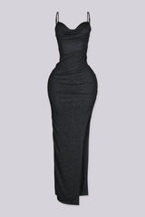 Fitted maxi dress with cowl neckline, adjustable thin straps featuring high side slit in shimmer glitter fabric
