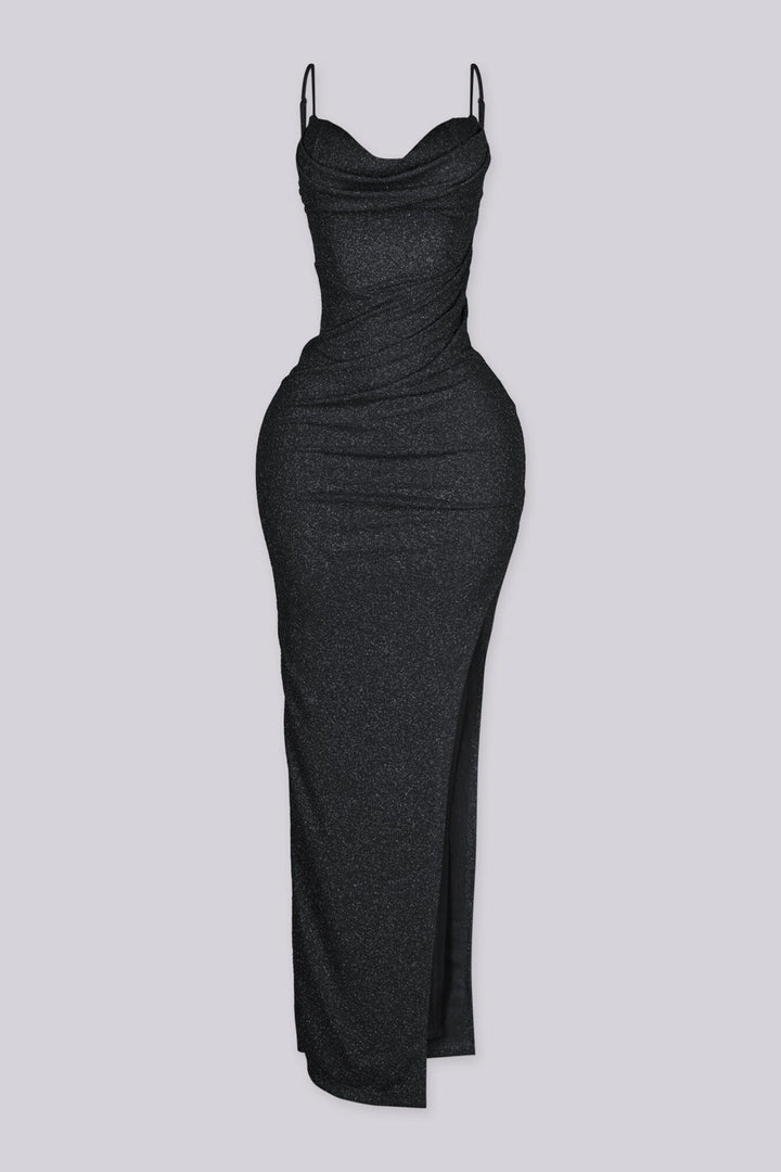 Fitted maxi dress with cowl neckline, adjustable thin straps featuring high side slit in shimmer glitter fabric