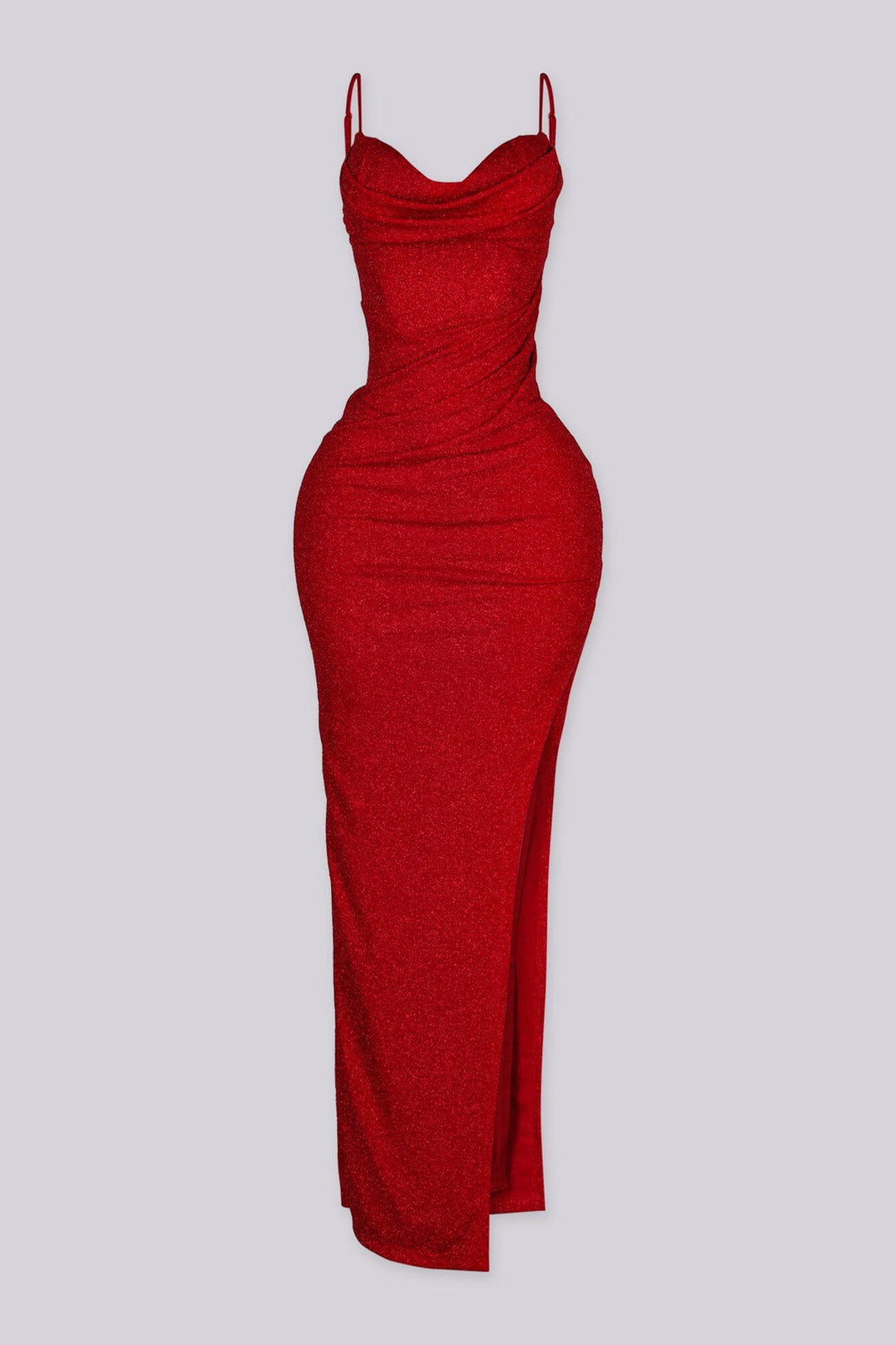 Fitted maxi dress with cowl neckline, adjustable thin straps featuring high side slit in shimmer glitter fabric