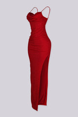 Garnet Glitter Cowl Neck Slit Maxi Dress
