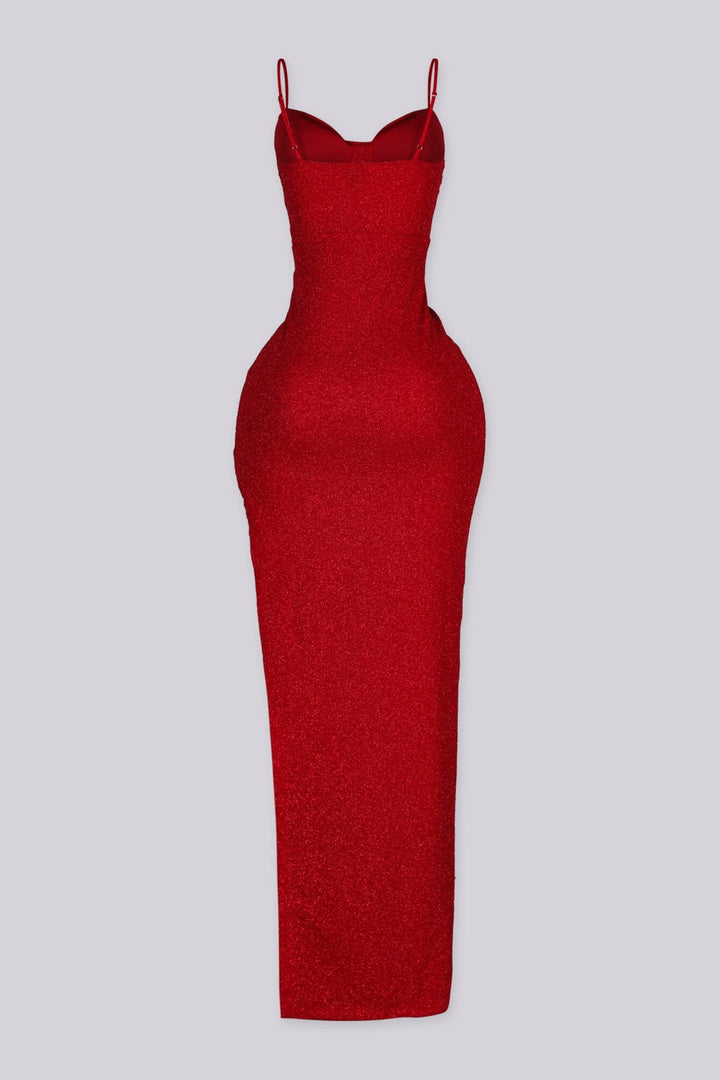 Garnet Glitter Cowl Neck Slit Maxi Dress