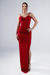 Fitted maxi dress with cowl neckline, adjustable thin straps featuring high side slit in shimmer glitter fabric