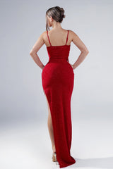 Garnet Glitter Cowl Neck Slit Maxi Dress