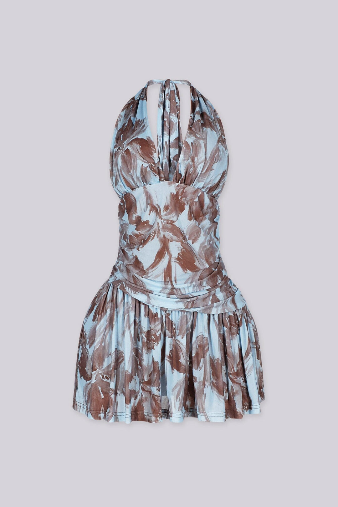 Mini dress featuring a plunging halter neckline with self tie strap, Ruched bodice that drops into a flared skirt