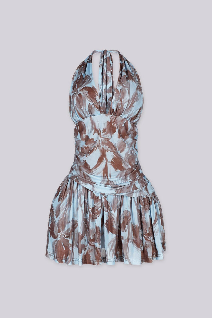 Mini dress featuring a plunging halter neckline with self tie strap, Ruched bodice that drops into a flared skirt