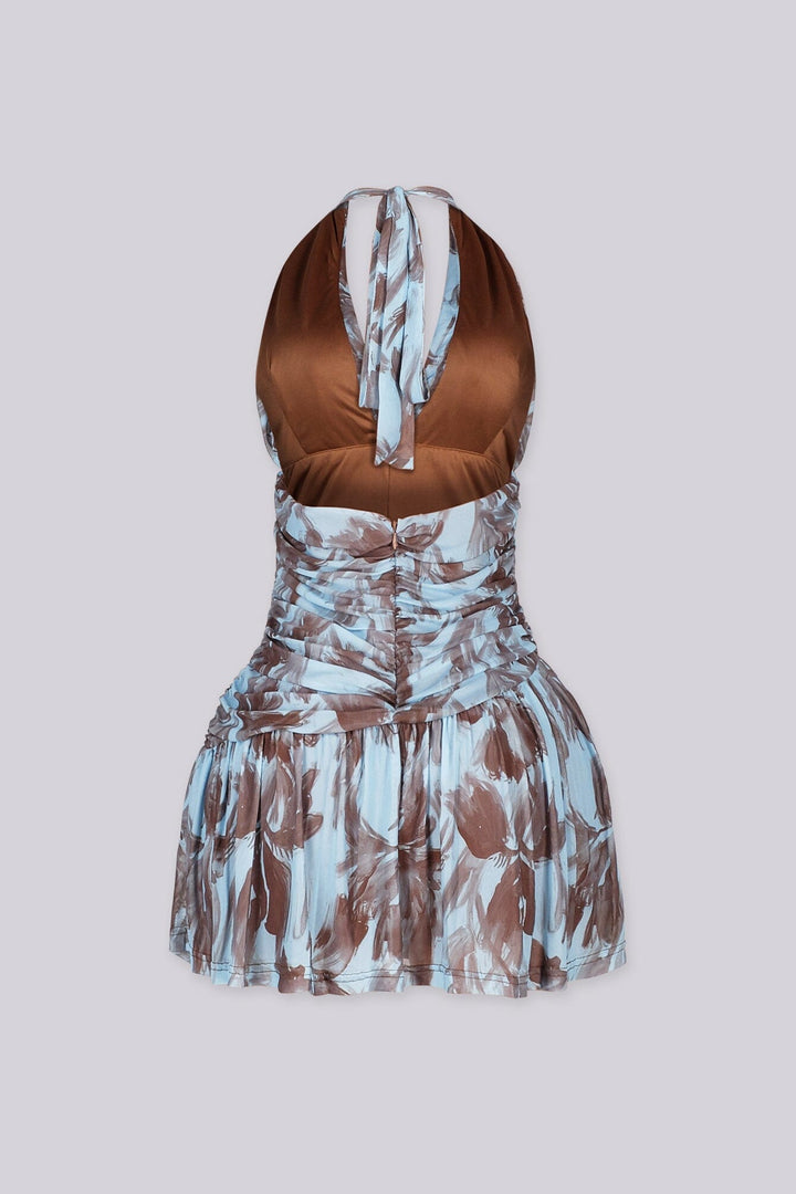 Mini dress featuring a plunging halter neckline with self tie strap, Ruched bodice that drops into a flared skirt